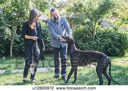 Stock Image - Couple with pet dog in garden. Fotosearch