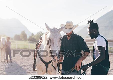 Cowboy handing horse's reins to young man in rural equestrian arena, Primaluna, Trentino-Alto Adige, Italy View Large Photo Image Stock Image - Cowboy handing horse's reins to young man in rural equestrian arena, Primaluna, Trentino-Alto Adige, Italy. Fotosearch