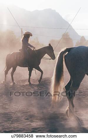 Stock Photo - Cowgirl riding horse in dusty equestrian arena, Primaluna, Trentino-Alto Adige, Italy. Fotosearch