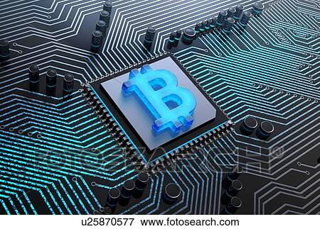 Stock Photo - Cpu with a blue glowing bitcoin symbol, installed into computer circuit board. 3D illustration.. Fotosearch