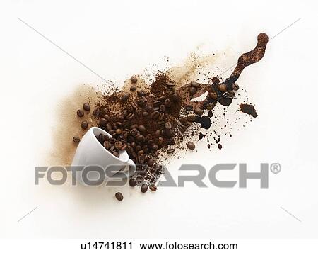 Cup of coffee spilling with liquid and beans coming out. View Large Photo Image Stock Image - Cup of coffee spilling with liquid and beans coming out.. Fotosearch