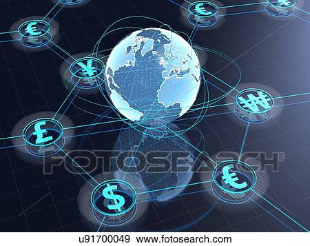 Stock Photo - Currency symbols on digital background.. Fotosearch