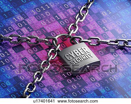 Stock Image - Cyber security concept. Closed padlock with chains on digital blue red screen. 3D illustration.. Fotosearch