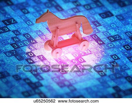 Stock Image - Cyber security concept. Toy horse on a digital screen, symbolizes the attack of the Trojan virus. 3D illustration.. Fotosearch