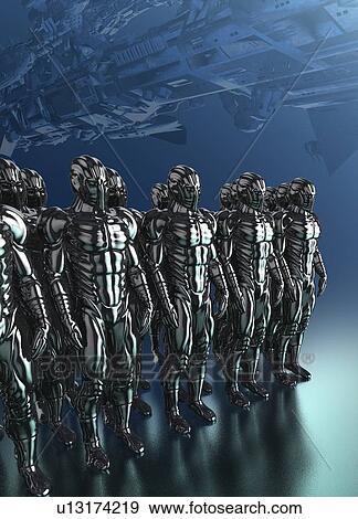 Cyborgs standing in a row, illustration. View Large Photo Image Stock Photo - Cyborgs standing in a row, illustration.. Fotosearch