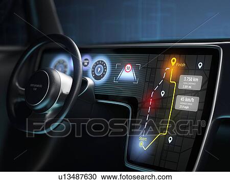 Stock Image - Digital dashboard of autonomous car, driverless car technology. 3D illustration.. Fotosearch