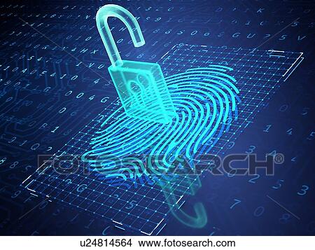 Picture - Digital fingerprint and padlock on phone screen, symbolise unlock process. 3D illustration.. Fotosearch