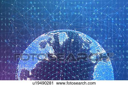 Stock Image - Digital world. Planet Earth with wireless technology elements. 3D illustration.. Fotosearch