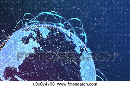 Stock Image - Digital world. Planet Earth with wireless technology elements. 3D illustration.. Fotosearch