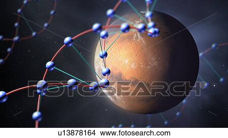 Picture - DNA above Mars, conceptual illustration. Mars once had a wet climate, which prompts many astronomers to believe that life may have arisen there in the past, and perhaps exists there still. In 1996, NASA announced that they had found evidence for.... Fotosearch