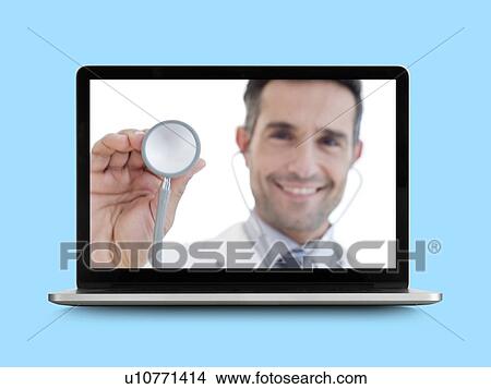 Picture - Doctor with stethoscope on laptop monitor.. Fotosearch