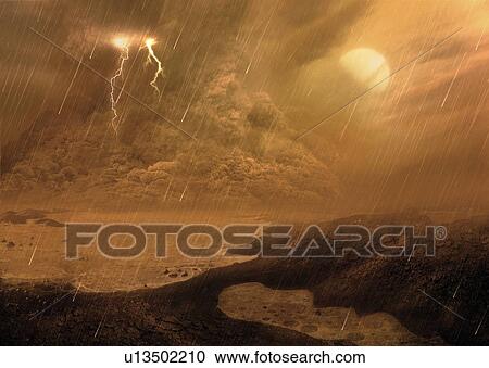 Dust storm of the surface of Titan, illustration. Titan, the largest moon of Saturn, is the only body in the known Solar System, aside from Earth, with liquid on its surface. But it's not water; it's liquid hydrocarbons. It's also the only satellite... View Large Photo Image Stock Image - Dust storm of the surface of Titan, illustration. Titan, the largest moon of Saturn, is the only body in the known Solar System, aside from Earth, with liquid on its surface. But it's not water; it's liquid hydrocarbons. It's also the only satellite.... Fotosearch