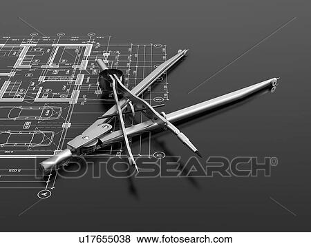 Stock Photo - Engineering or architectural concept. Close-up of divider and compass on a drawing. 3d illustration on gray background.. Fotosearch