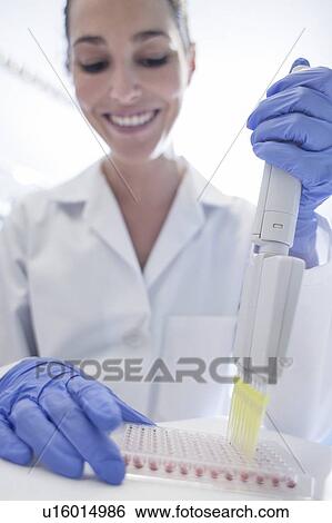 Stock Photograph - Female laboratory assistant using multi pipette.. Fotosearch