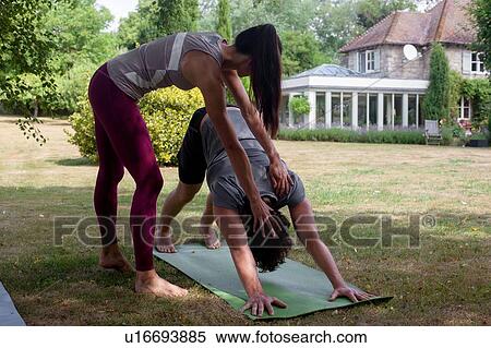 Female yoga teacher teaching young man yoga in garden, downward facing dog pose View Large Photo Image Stock Photography - Female yoga teacher teaching young man yoga in garden, downward facing dog pose. Fotosearch