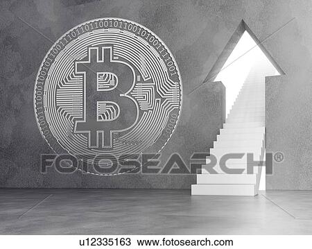 Stock Image - Financial growth concept of cryptocurrency, bitcoin logo on the wall, and stairway leading up to open door in form arrow. 3d illustration.. Fotosearch