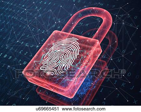 Stock Image - Fingerprint and padlock on digital screen, symbolise unlock process. 3D illustration.. Fotosearch