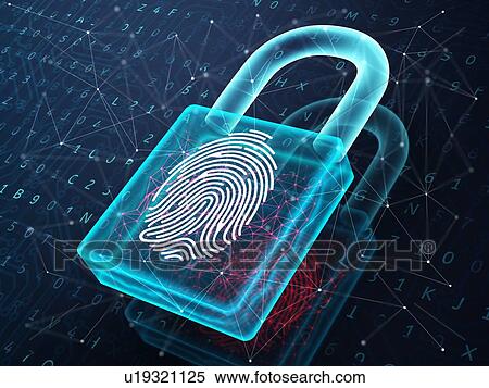 Stock Photography - Fingerprint and padlock on digital screen, symbolise unlock process. 3D illustration.. Fotosearch