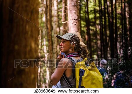 Stock Photography - Friends hiking in forest, Johnstone Strait, Telegraph Cove, Canada. Fotosearch