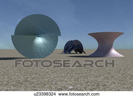 Picture - Geometrical forms with minimal surfaces represented as sculptures. A minimal surface is one where the mean curvature is equal to zero - the principal radii of curvature are opposite of one another at all the points. They occur naturally – the most.... Fotosearch