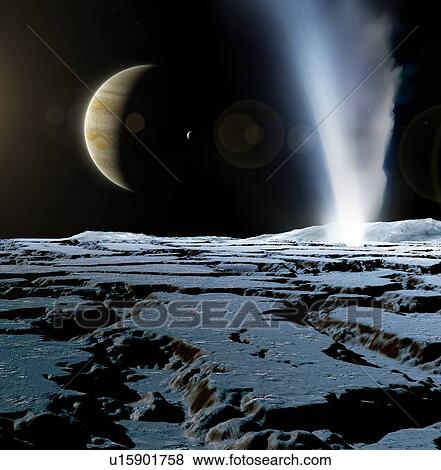 Stock Photo - Geyser on Europa, illustration. Europa is the smallest of the four Galilean moons of Jupiter, and the second closest to the planet. Its surface is icy and relatively smooth. Impacting meteorites cause melting of the surface, allowing the water to.... Fotosearch