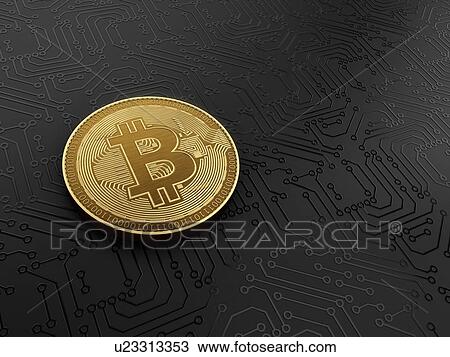 Stock Image - Gold bitcoin on a black circuit board. 3d illustration.. Fotosearch