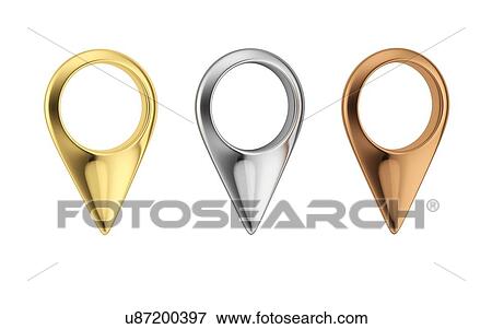 Stock Photo - Gold, silver and bronze location pins, illustration.. Fotosearch