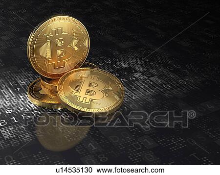 Stock Image - Golden bitcoin coin on black digital background with cryptography data. 3d illustration. Fotosearch