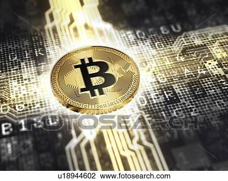 Stock Image - Golden bitcoin on black digital background. 3d illustration. Fotosearch