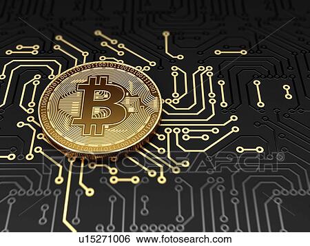 Stock Photograph - Golden bitcoin on circuit board, cryptocurrency concept. 3d illustration.. Fotosearch