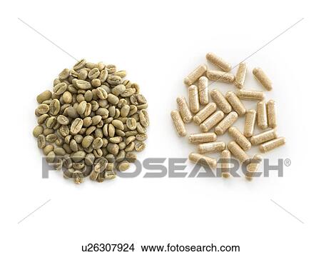 Picture - Green coffee beans and weight loss supplements.. Fotosearch