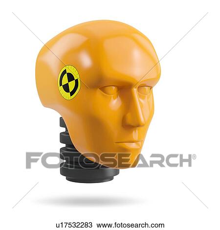 Stock Image - Head of a crash test dummy, isolated on white background.. Fotosearch