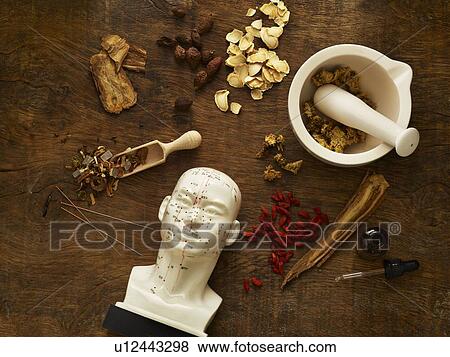 Stock Photo - Herbs and equipment used for alternative medicine.. Fotosearch