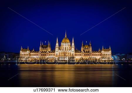 Stock Image - Hungarian Parliament building illuminated at night, Budapest, Hungary. Fotosearch