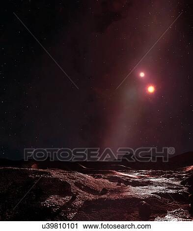 Stock Image - Illustration of a circumbinary planet. This is a planet in orbit around not one, but two stars, orbiting their centre of mass. Examples of such planets include PSR B1620-26, HD 202206, HW Virginis, Kepler-16 and Kepler-453.. Fotosearch