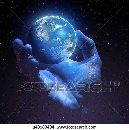 Picture - Illustration of a hand cradling the Earth, perhaps depicting a divine event such as Creation, or else symbolising Earth's fragility, and our responsibility for its degradation.. Fotosearch
