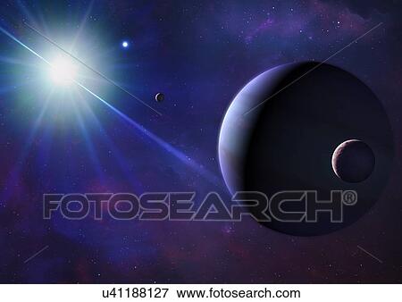 Stock Photo - Illustration of a planet and its moon orbiting a pulsar. Pulsars are very rapidly spinning neutron stars – the dead cores of massive stars – rotating on their axes often hundreds of times every second. Radio and optical beams of radiation, emitted.... Fotosearch