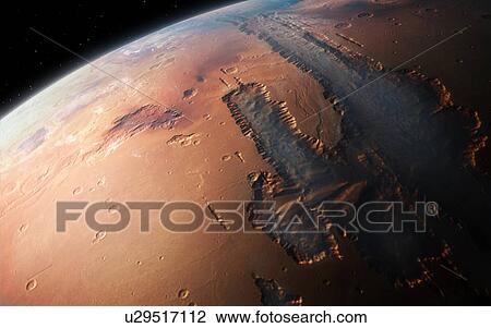 Illustration of an oblique view of the giant Valles Marineris canyon system on Mars. The Valles Marineris is over 3000 km long and up to 8 km deep, dwarfing the Grand Canyon of Arizona. The canyons were formed by a combination of geological faulting,... View Large Photo Image Stock Image - Illustration of an oblique view of the giant Valles Marineris canyon system on Mars. The Valles Marineris is over 3000 km long and up to 8 km deep, dwarfing the Grand Canyon of Arizona. The canyons were formed by a combination of geological faulting,.... Fotosearch