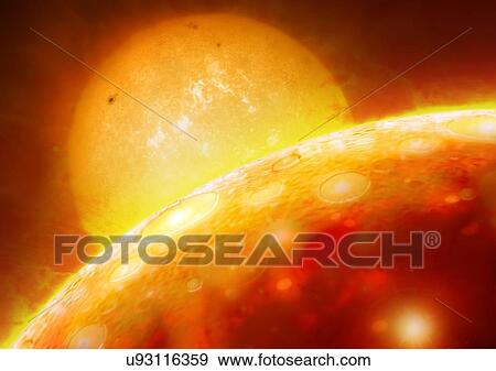 Stock Photo - Illustration of CoRoT-7b. This is a super-Earth, discovered in 2009 orbiting the sun-like star CoRoT-7 in Monoceros. The planet orbits so closely - only 1/60th of Earth's distance from the Sun - that astronomers speculate that its surface is probably.... Fotosearch