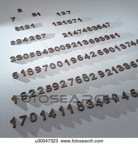 Stock Image - Illustration of the first 12 Mersenne Primes (last three partially obscured). Mersenne primes are numbers one less than powers of two, where the exponent also has to be a prime. Currently there 50 have been discovered, the last one in 2017. It is.... Fotosearch