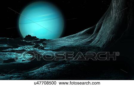 Illustration of the green ice giant planet Uranus, seen from the surface of its innermost substantial moon, the fractured Miranda. Uranus is the seventh planet in order of distance from the Sun, orbiting at an average distance of 2. 85 billion km. It... View Large Photo Image Stock Image - Illustration of the green ice giant planet Uranus, seen from the surface of its innermost substantial moon, the fractured Miranda. Uranus is the seventh planet in order of distance from the Sun, orbiting at an average distance of 2. 85 billion km. It.... Fotosearch