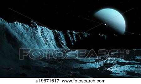 Illustration of the green ice giant planet, Uranus, seen from the surface of its innermost substantial moon, Ariel. Uranus is the seventh planet in order of distance from the Sun, orbiting at an average distance of 2. 85 billion km. It is unusual in... View Large Photo Image Stock Photo - Illustration of the green ice giant planet, Uranus, seen from the surface of its innermost substantial moon, Ariel. Uranus is the seventh planet in order of distance from the Sun, orbiting at an average distance of 2. 85 billion km. It is unusual in.... Fotosearch