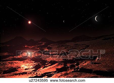 Illustration of the imagined view from the surface of the exoplanet Barnard's Star b. Discovered in 2018, this rocky planet orbits Barnard's Star - a red dwarf only 20 percent of the diameter of the Sun - at a distance comparable to that of Mercury... View Large Photo Image Stock Photography - Illustration of the imagined view from the surface of the exoplanet Barnard's Star b. Discovered in 2018, this rocky planet orbits Barnard's Star - a red dwarf only 20 percent of the diameter of the Sun - at a distance comparable to that of Mercury.... Fotosearch