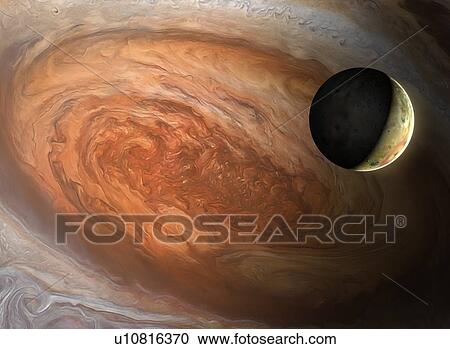 Illustration of the Jovian moon Io, seen against the backdrop of Jupiter's Great Red Spot. The latter is a vast, cyclonic storm - wider than the entire Earth - that has raged for centuries. Io, a highly volcanic world, is the innermost Galilean moon... View Large Photo Image Stock Image - Illustration of the Jovian moon Io, seen against the backdrop of Jupiter's Great Red Spot. The latter is a vast, cyclonic storm - wider than the entire Earth - that has raged for centuries. Io, a highly volcanic world, is the innermost Galilean moon.... Fotosearch