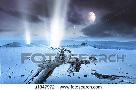 Stock Image - Illustration of the landscape of an icy extrasolar planet. The planet has at least two moons. Cryonic geysers are seen in the foreground. Similar events are known to occur in the Solar System, on Enceladus, Triton and possibly Europa.. Fotosearch