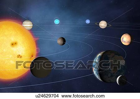 Illustration Of The Solar System Showing The Paths Of The