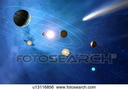 Illustration of the solar system, showing the paths of the eight major planets as they orbit the Sun, plus the asteroids and comets. The four inner planets are, from inner to outer, Mercury, Venus, Earth and Mars. The four outer planets are, inner to... View Large Photo Image Stock Photograph - Illustration of the solar system, showing the paths of the eight major planets as they orbit the Sun, plus the asteroids and comets. The four inner planets are, from inner to outer, Mercury, Venus, Earth and Mars. The four outer planets are, inner to.... Fotosearch