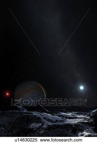 Stock Photography - Illustration of the triple star system HD 131399, as seen from a planet. The system consists of a close binary pair of low-mass, red stars, separated by about 10 astronomical units (AU), which is in turn in orbit around a more massive, white.... Fotosearch
