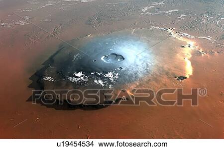 Picture - Illustratoin looking down on the Olympus Mons shield volcano on Mars, viewing to the west, from an approximate altitude of 350 kilometres. Ice (white) lies on its upper slopes that tower 24 kilometres above the surrounding plain. Steep cliffs surround.... Fotosearch
