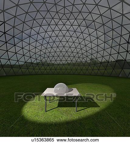 Stock Photography - Inside a geodesic dome, with a model of itself illuminated on a table. Computer generated illustration.. Fotosearch